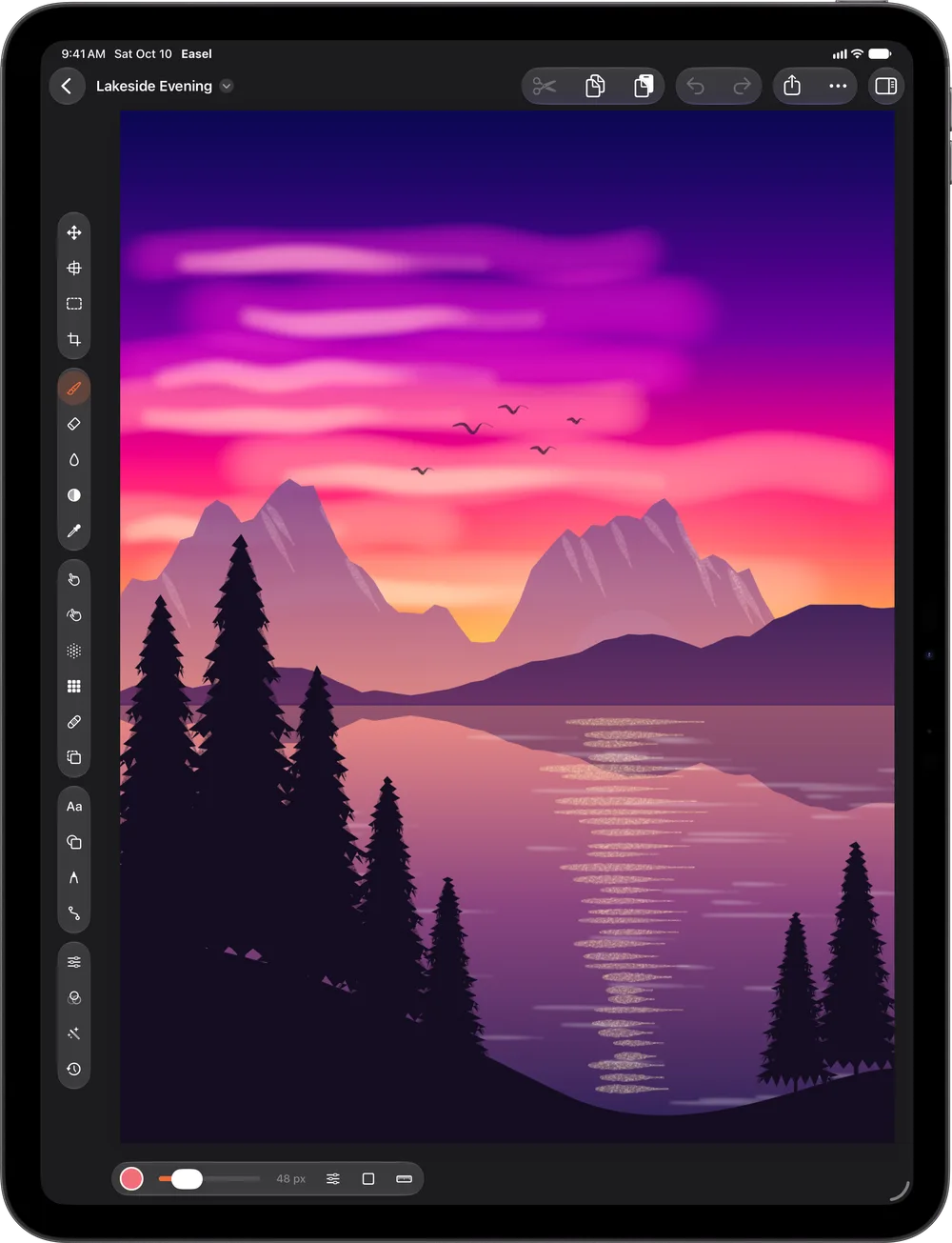 Easel painting of a lakeside evening on iPad