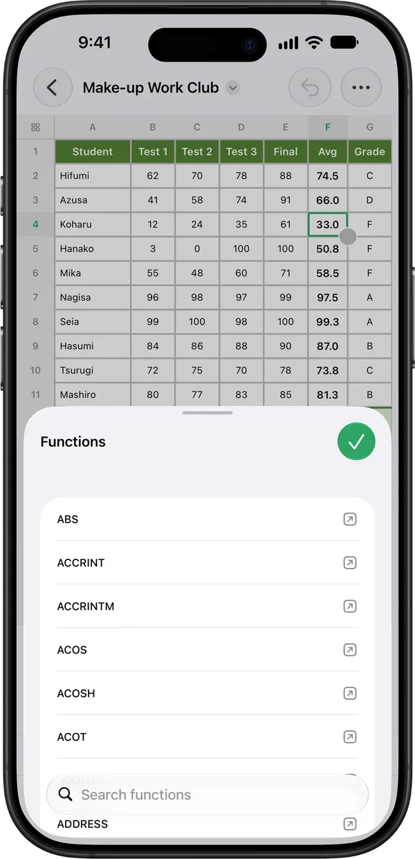 Tables function list